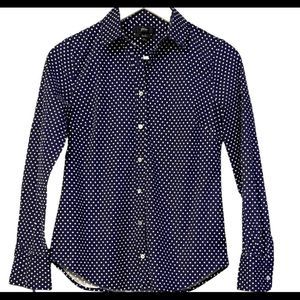 J. Crew Slim Fit Button Down Navy Blue With White Polka Dots Top